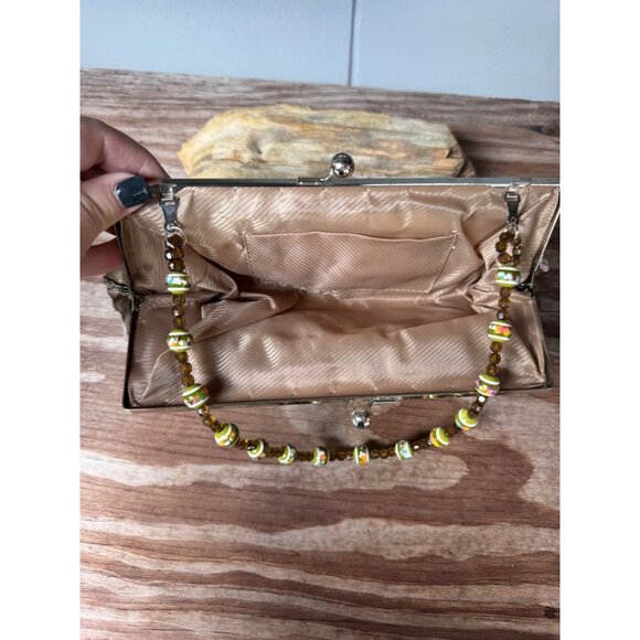 Floral Embroidered Satin Clutch Purse With Beaded Handle - Picture 7 of 8